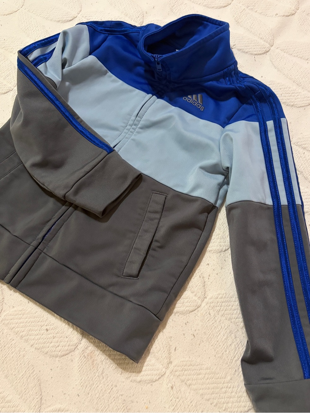 Like new size 4 adidas Kids Blue & Gray Colorblock Track Jacket. Zip up